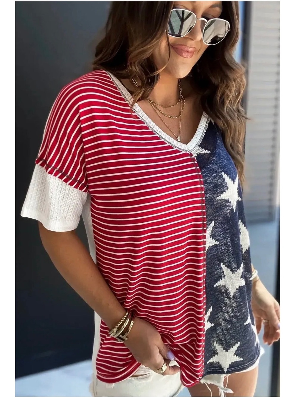 BiBi Stars Stripes V Neck Top Small Americana Labor Day Coastal Preppy USA